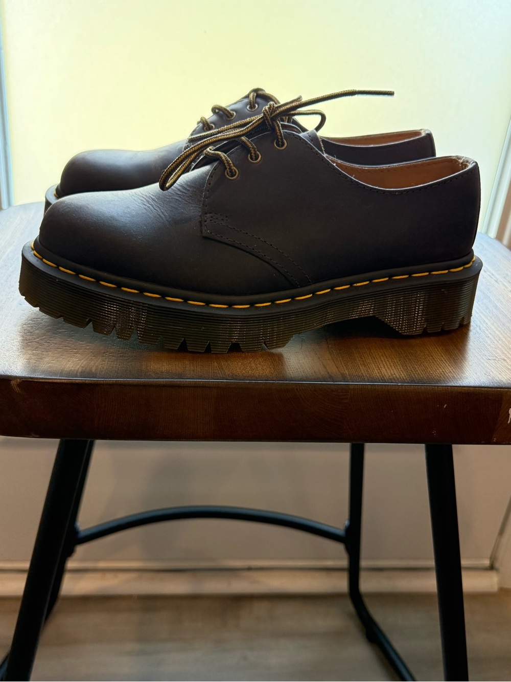 Dr. Martens Black Leather Lace-Up Platform Oxfords with Yellow Stitching